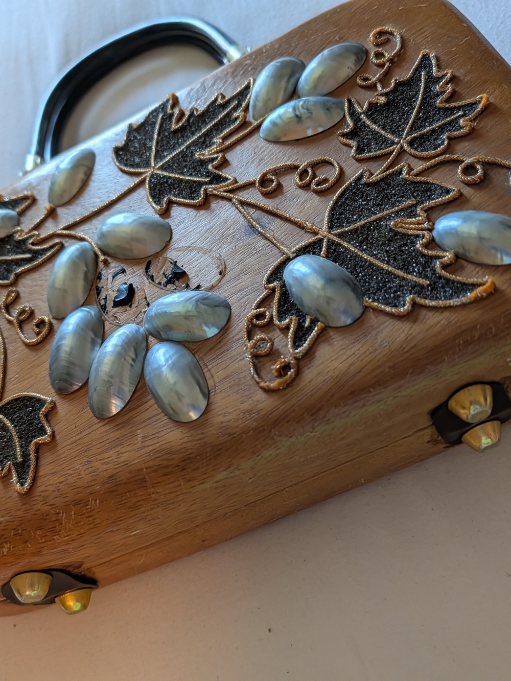 Vintage Embellished Wood Handbag with Iridescent Shell Accents